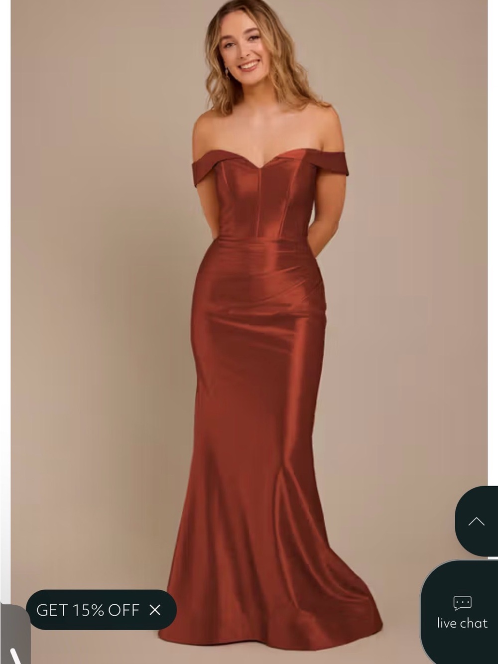 Off-the-Shoulder Satin Evening Gown in Rust
